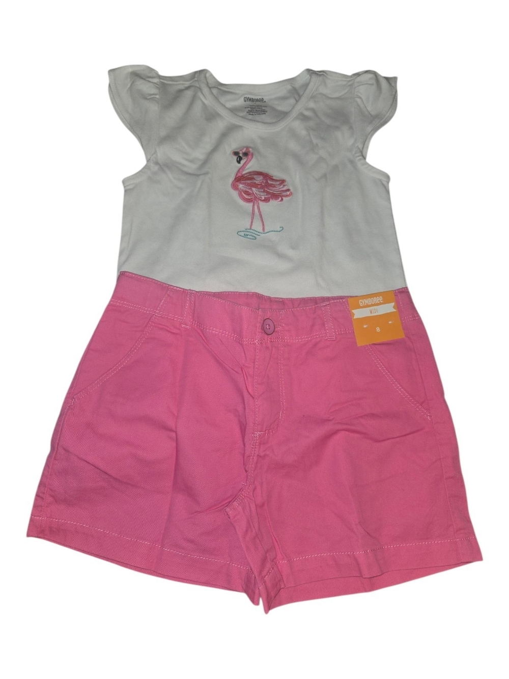Gymboree White Tee with Pink Flamingo and Pink Shorts Set